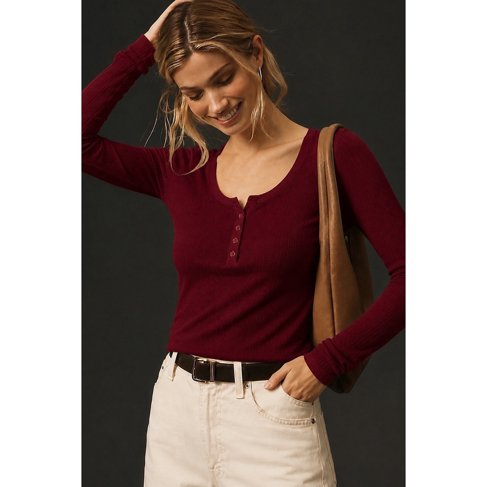 Pact Burgundy Ribbed Henley Top Organic Cotton Stretch Long Sleeve NWOT